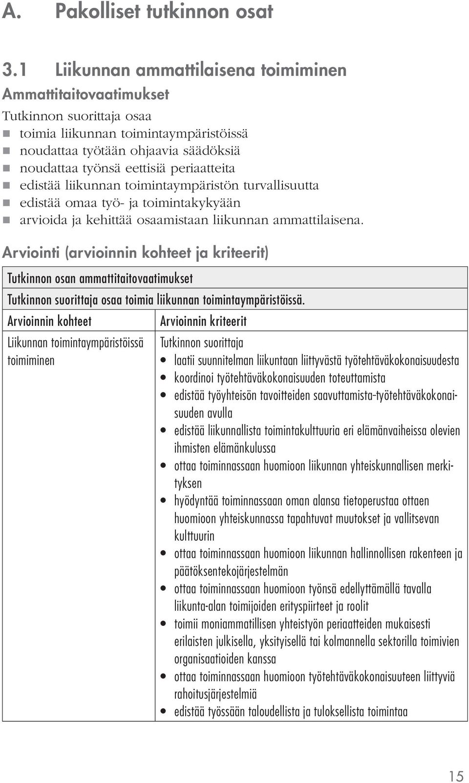 toimintaympäristön turvallisuutta edistää omaa työ- ja toimintakykyään arvioida ja kehittää osaamistaan liikunnan ammattilaisena.