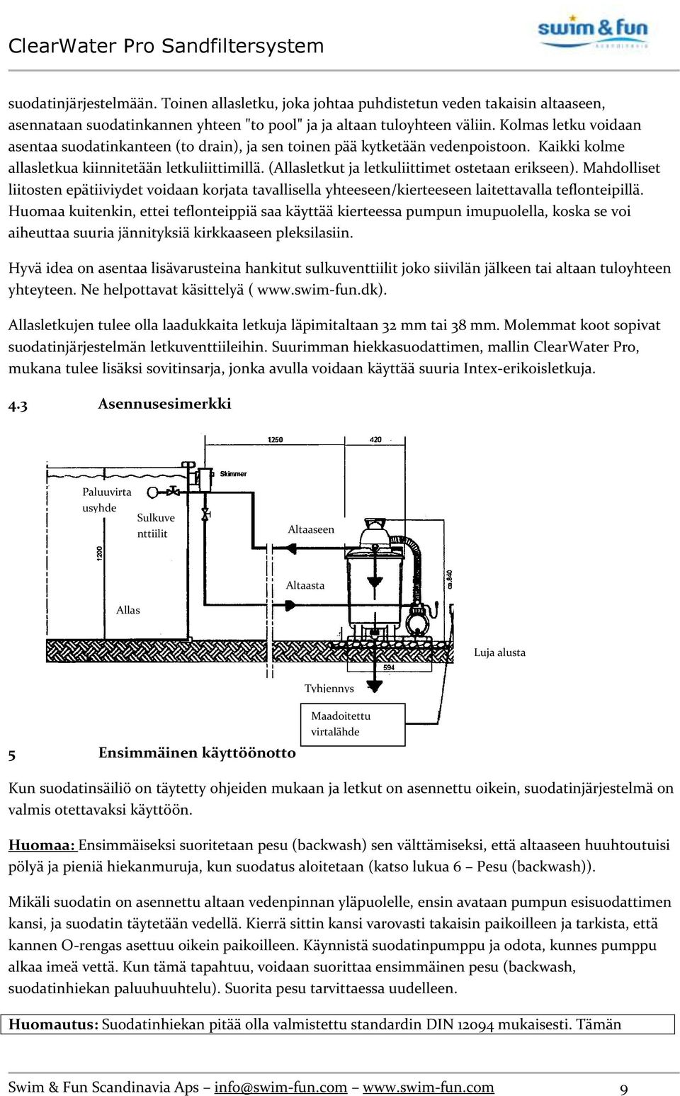 (Allasletkut ja letkuliittimet ostetaan erikseen). Mahdolliset liitosten epätiiviydet voidaan korjata tavallisella yhteeseen/kierteeseen laitettavalla teflonteipillä.