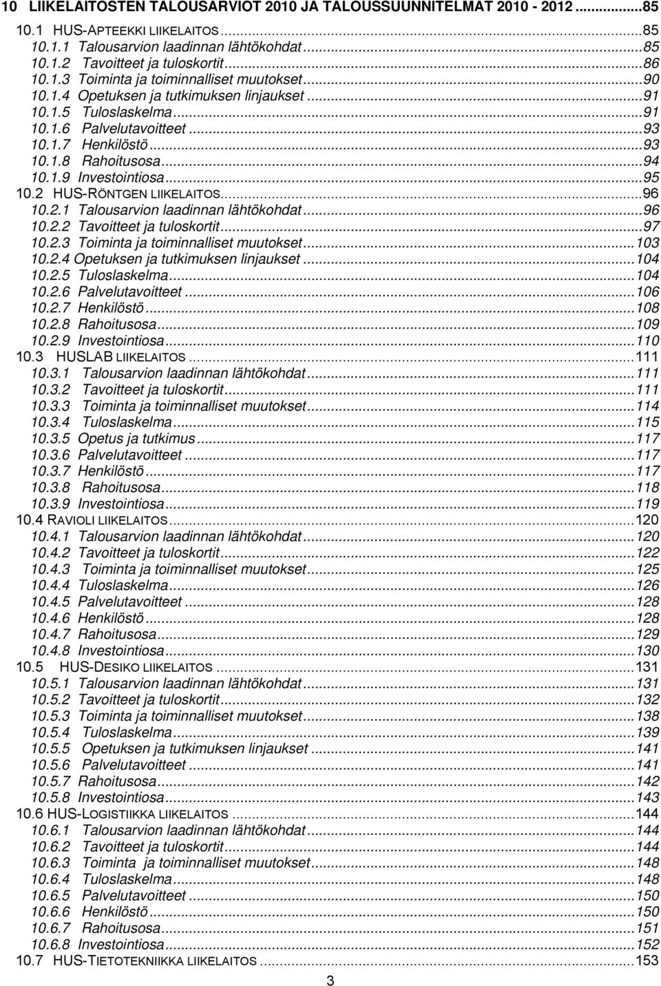 2 HUS-RÖNTGEN LIIKELAITOS...96 10.2.1 Talousarvion laadinnan lähtökohdat...96 10.2.2 Tavoitteet ja tuloskortit...97 10.2.3 Toiminta ja toiminnalliset muutokset...103 10.2.4 Opetuksen ja tutkimuksen linjaukset.