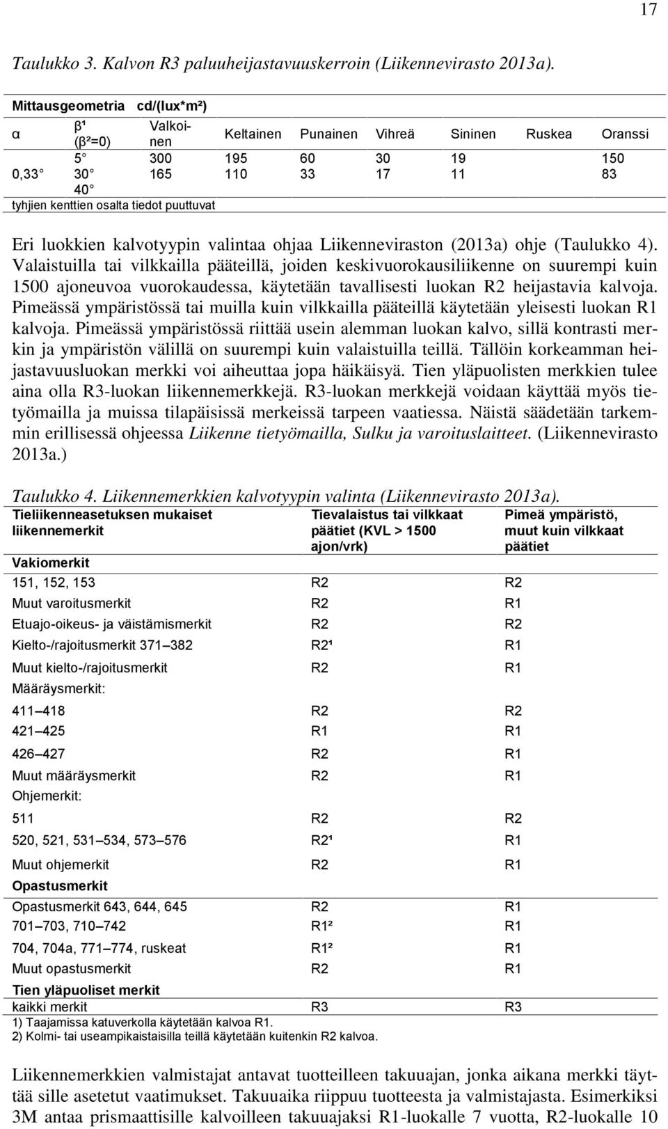 kalvotyypin valintaa ohjaa Liikenneviraston (13a) ohje (Taulukko 4).