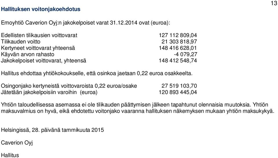 voittovarat, yhteensä 148 412 548,74 Hallitus ehdottaa yhtiökokoukselle, että osinkoa jaetaan 0,22 euroa osakkeelta.