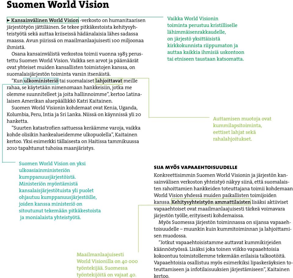 Osana kansainvälistä verkostoa toimii vuonna 1983 perustettu Suomen World Vision.