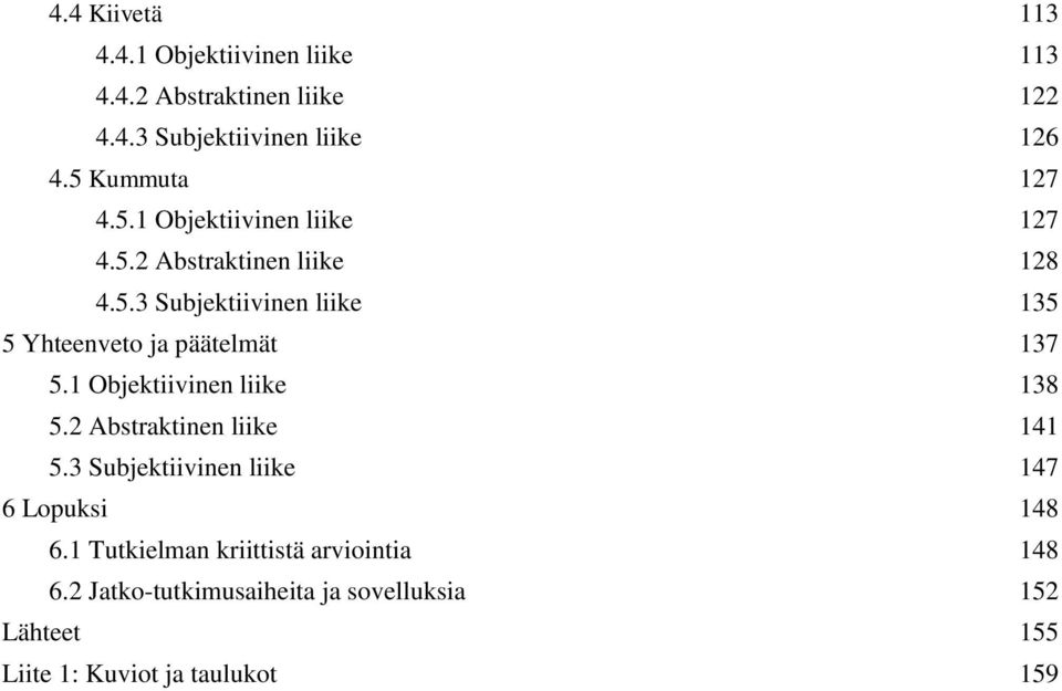 1 Objektiivinen liike 138 5.2 Abstraktinen liike 141 5.3 Subjektiivinen liike 147 6 Lopuksi 148 6.