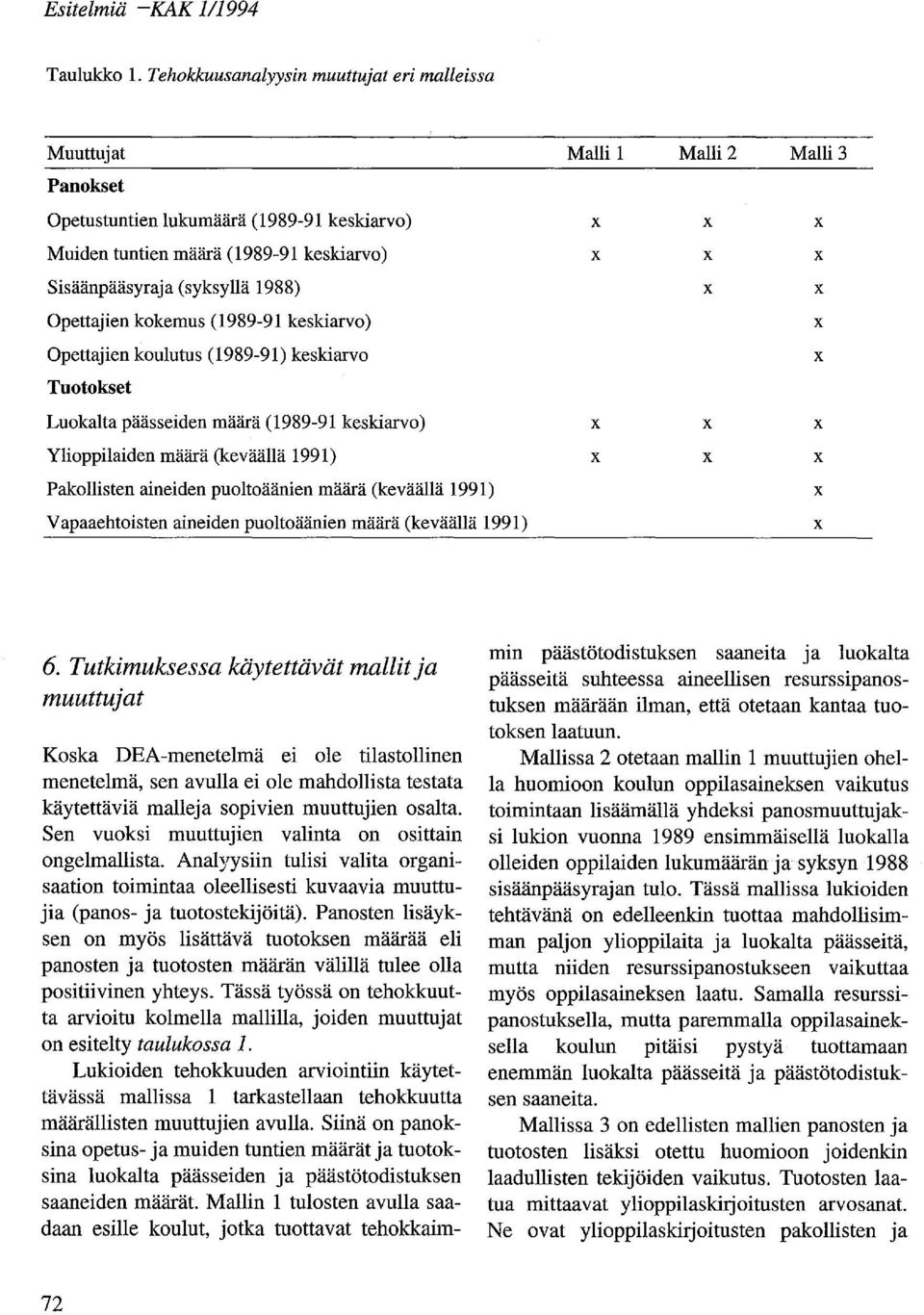 (1989-91 keskiarvo) Opettajien koulutus (1989-91) keskiarvo Tuotokset Luokalta päässeiden määrä (1989-91 keskiarvo) Ylioppilaiden määrä (keväällä 1991) Pakollisten aineiden puoltoäänien määrä