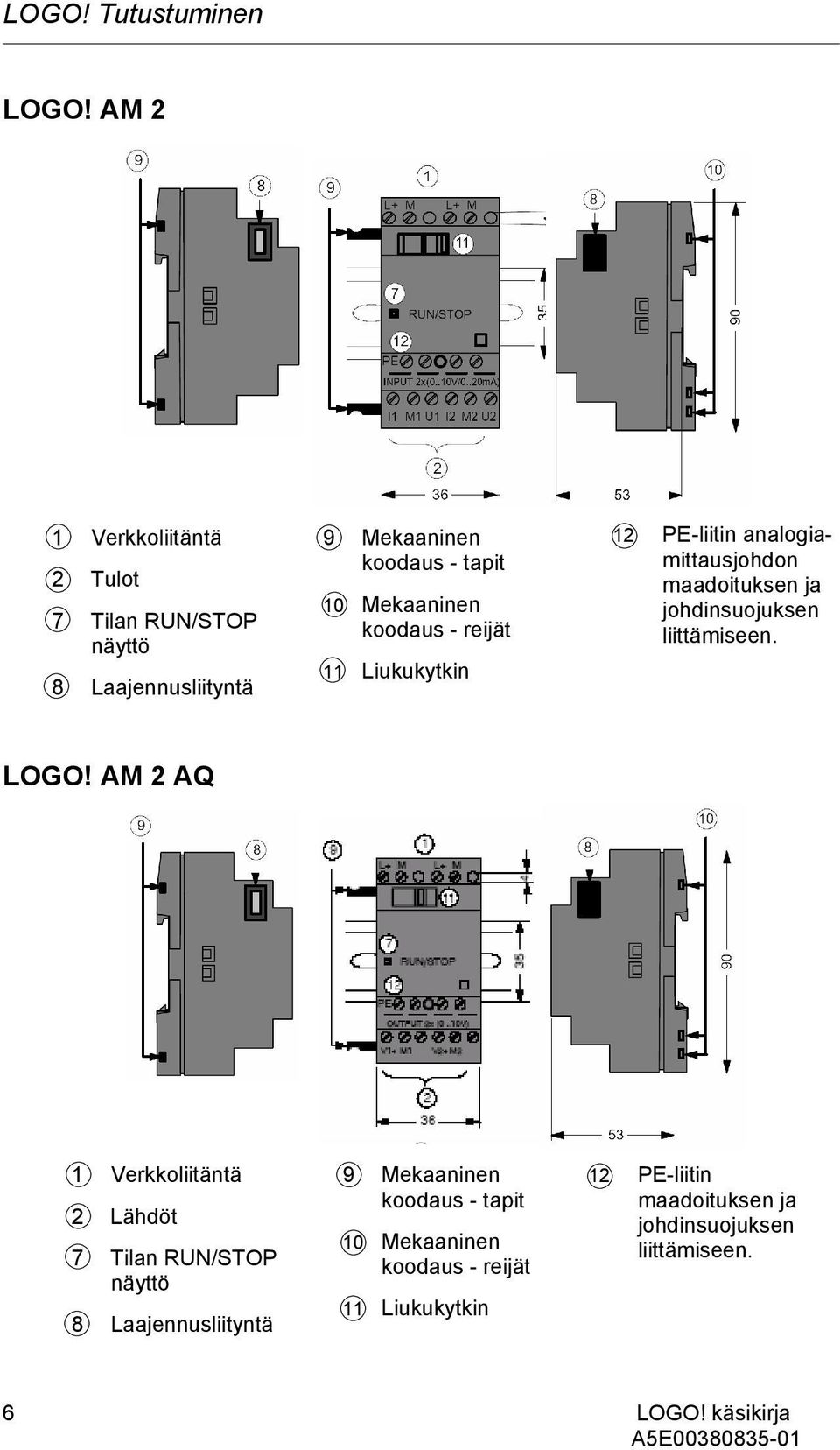 koodaus - reijät 11 Liukukytkin 12 PE-liitin analogiamittausjohdon maadoituksen ja johdinsuojuksen liittämiseen. LOGO!