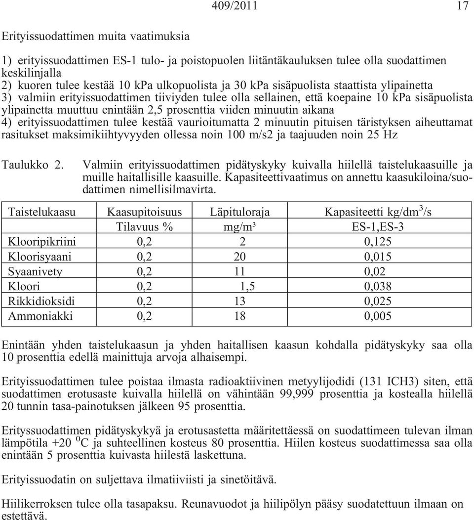 aikana 4) erityissuodattimen tulee kestää vaurioitumatta 2 minuutin pituisen täristyksen aiheuttamat rasitukset maksimikiihtyvyyden ollessa noin 100 m/s2 ja taajuuden noin 25 Hz Taulukko 2.