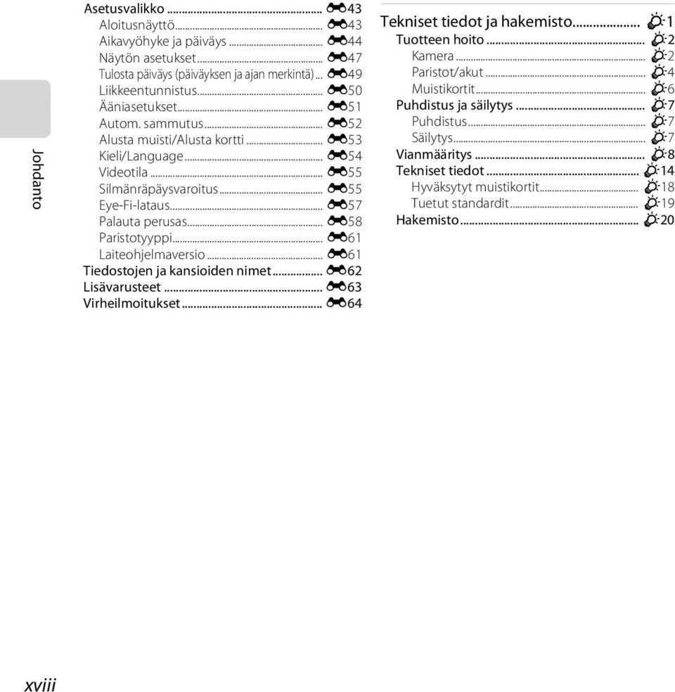 .. E61 Laiteohjelmaversio... E61 Tiedostojen ja kansioiden nimet... E62 Lisävarusteet... E63 Virheilmoitukset... E64 Tekniset tiedot ja hakemisto... F1 Tuotteen hoito... F2 Kamera... F2 Paristot/akut.