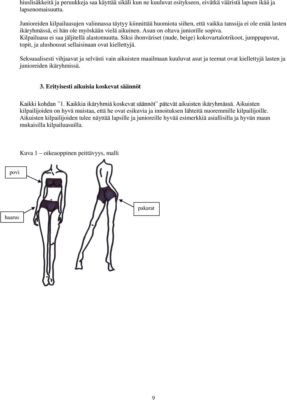 Kilpailuasu ei saa jäljitellä alastomuutta. Siksi ihonväriset (nude, beige) kokovartalotrikoot, jumppapuvut, topit, ja alushousut sellaisinaan ovat kiellettyjä.
