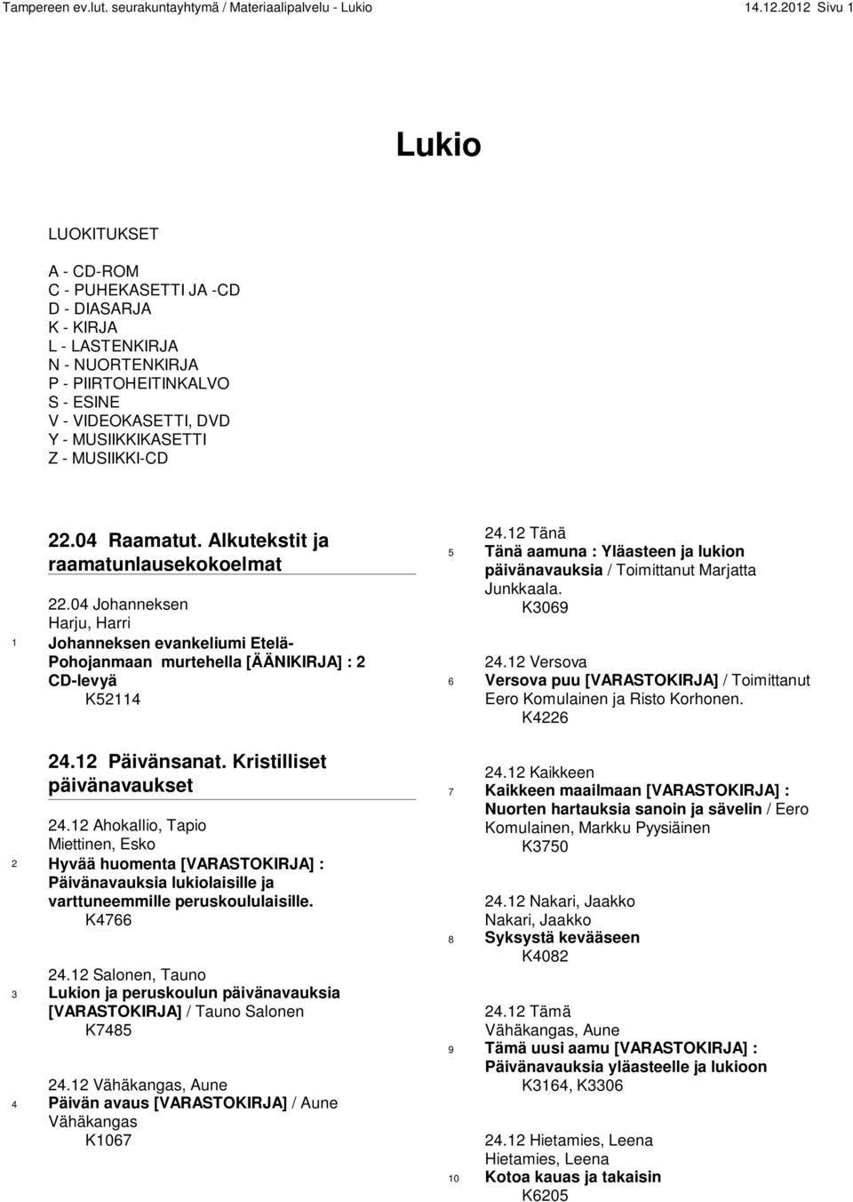 MUSIIKKI-CD 22.04 Raamatut. Alkutekstit ja raamatunlausekokoelmat 22.04 Johanneksen Harju, Harri 1 Johanneksen evankeliumi Etelä- Pohojanmaan murtehella [ÄÄNIKIRJA] : 2 CD-levyä K52114 24.