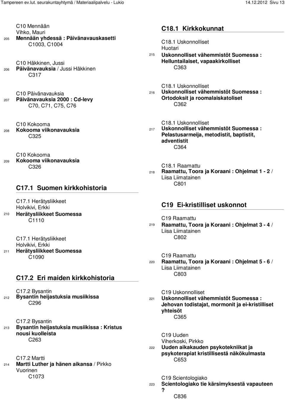 Cd-levy C70, C71, C75, C76 C18.1 Kirkkokunnat C18.1 Uskonnolliset Huotari 215 Uskonnolliset vähemmistöt Suomessa : Helluntailaiset, vapaakirkolliset C363 C18.