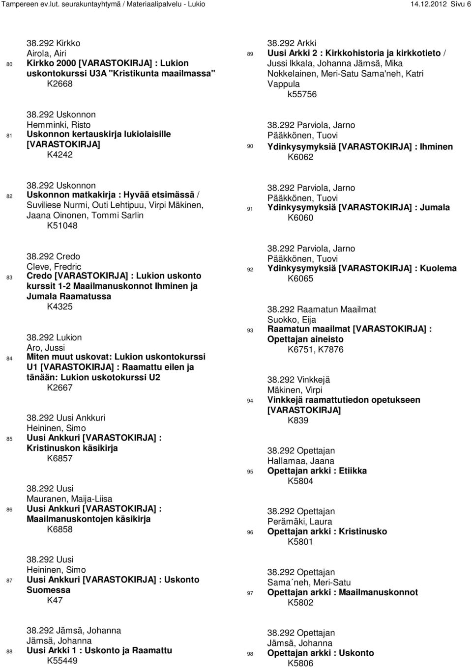 292 Arkki 89 Uusi Arkki 2 : Kirkkohistoria ja kirkkotieto / Jussi Ikkala, Johanna Jämsä, Mika Nokkelainen, Meri-Satu Sama'neh, Katri Vappula k55756 38.