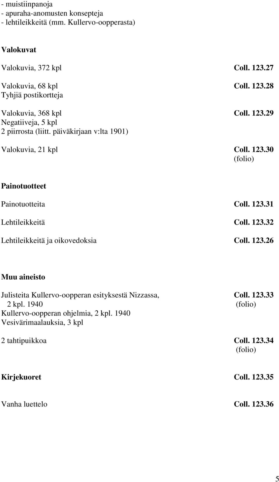 päiväkirjaan v:lta 1901) Valokuvia, 21 kpl Coll. 123.30 (folio) Painotuotteet Painotuotteita Coll. 123.31 Lehtileikkeitä Coll. 123.32 Lehtileikkeitä ja oikovedoksia Coll.