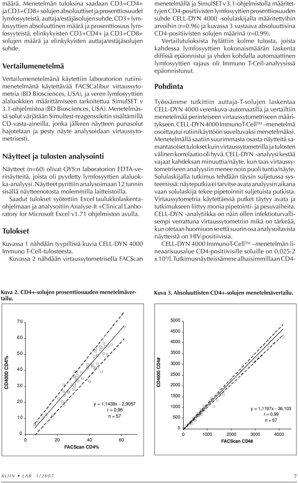 lymfosyyteistä, elinkykyisten CD3+CD4+ ja CD3+CD8+ solujen määrä ja elinkykyisten auttaja/estäjäsolujen suhde.