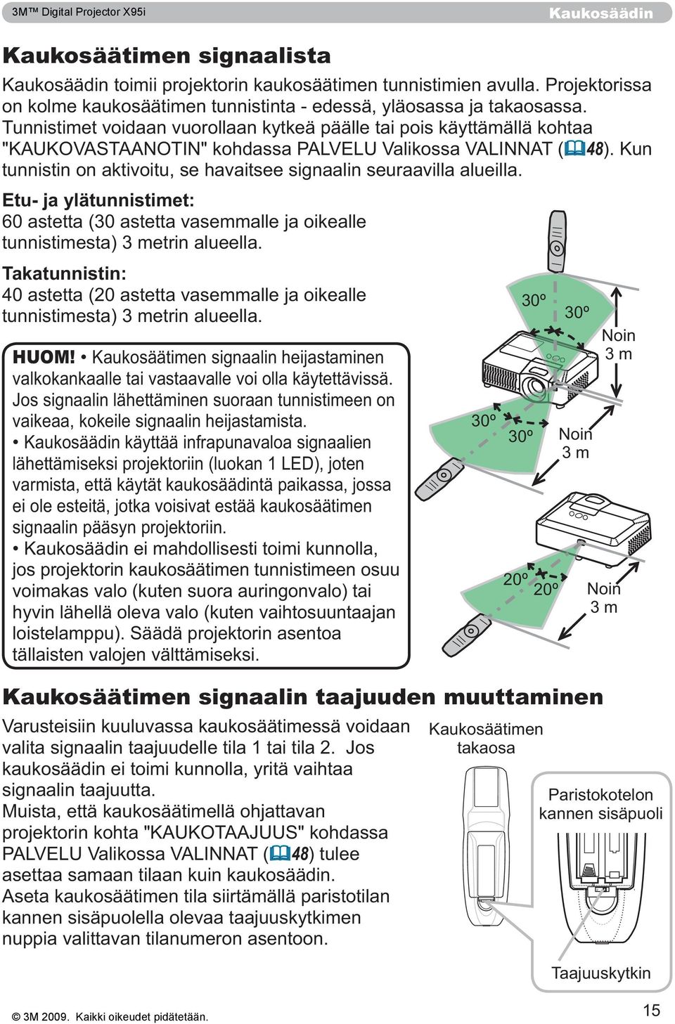 ei ole esteitä, jotka voisivat estää kaukosäätimen jos projektorin kaukosäätimen tunnistimeen osuu hyvin lähellä oleva valo (kuten vaihtosuuntaajan tällaisten valojen välttämiseksi.