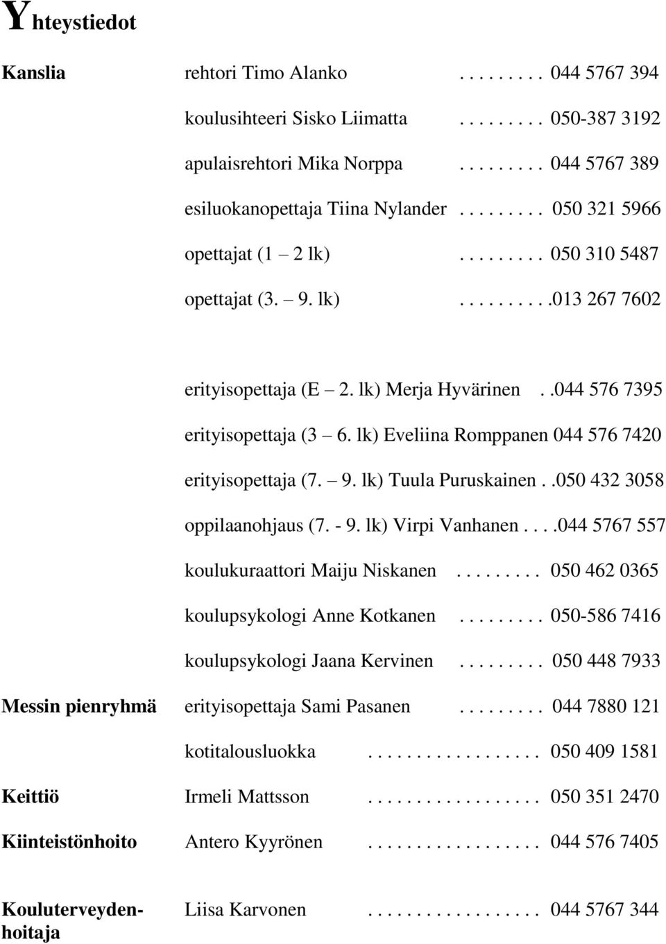 lk) Eveliina Romppanen 044 576 7420 erityisopettaja (7. 9. lk) Tuula Puruskainen..050 432 3058 oppilaanohjaus (7. - 9. lk) Virpi Vanhanen....044 5767 557 koulukuraattori Maiju Niskanen.