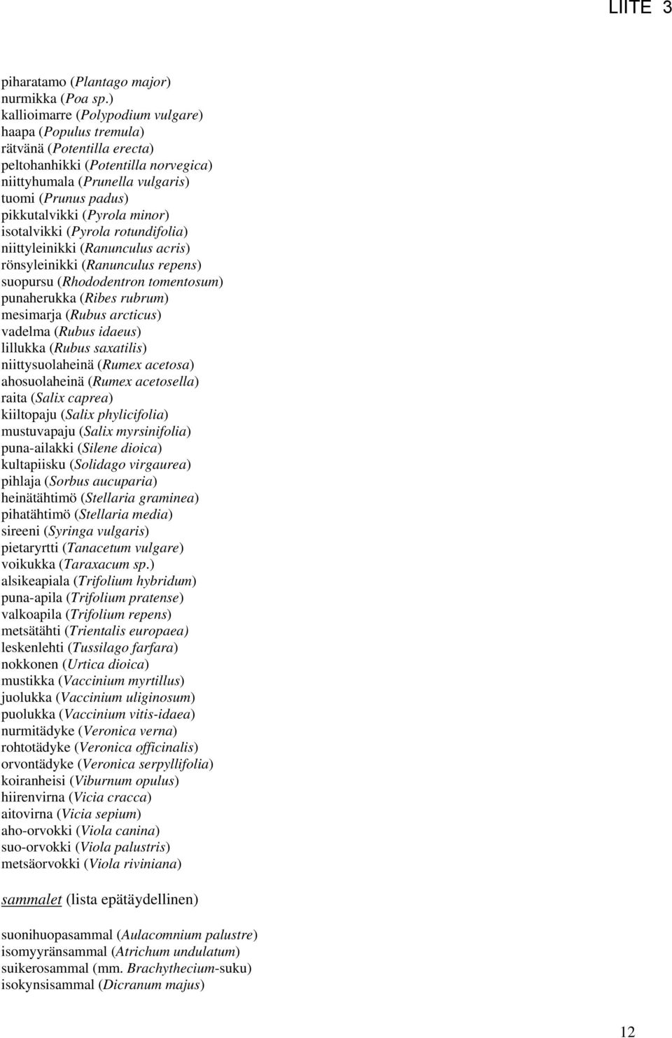 (Pyrola minor) isotalvikki (Pyrola rotundifolia) niittyleinikki (Ranunculus acris) rönsyleinikki (Ranunculus repens) suopursu (Rhododentron tomentosum) punaherukka (Ribes rubrum) mesimarja (Rubus