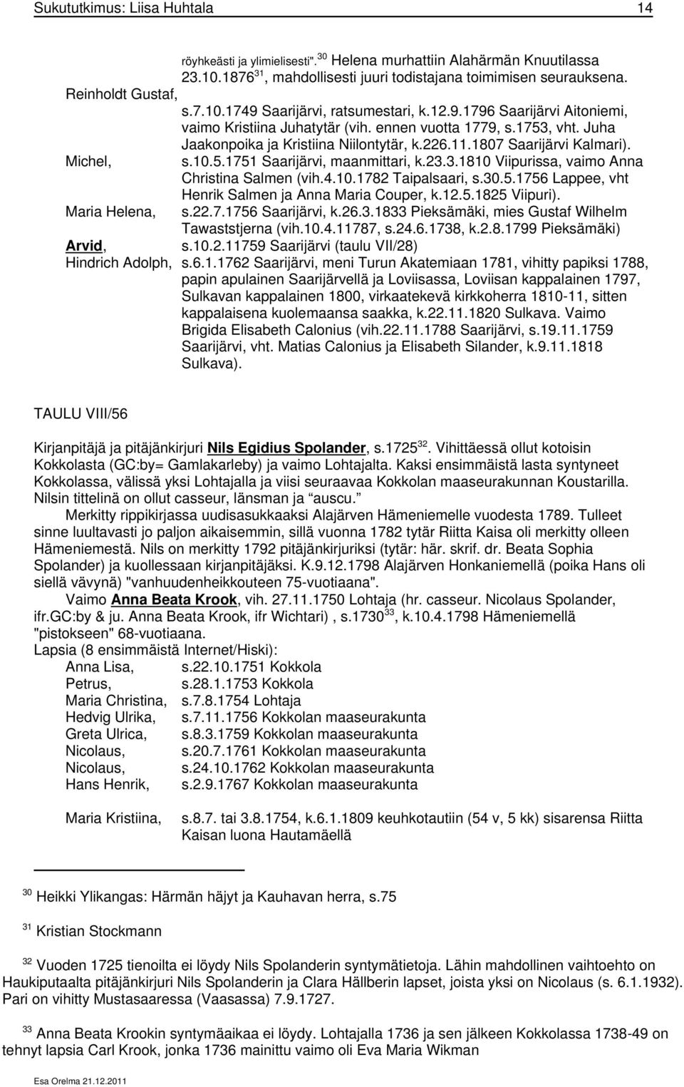 23.3.1810 Viipurissa, vaimo Anna Christina Salmen (vih.4.10.1782 Taipalsaari, s.30.5.1756 Lappee, vht Henrik Salmen ja Anna Maria Couper, k.12.5.1825 Viipuri). Maria Helena, s.22.7.1756 Saarijärvi, k.