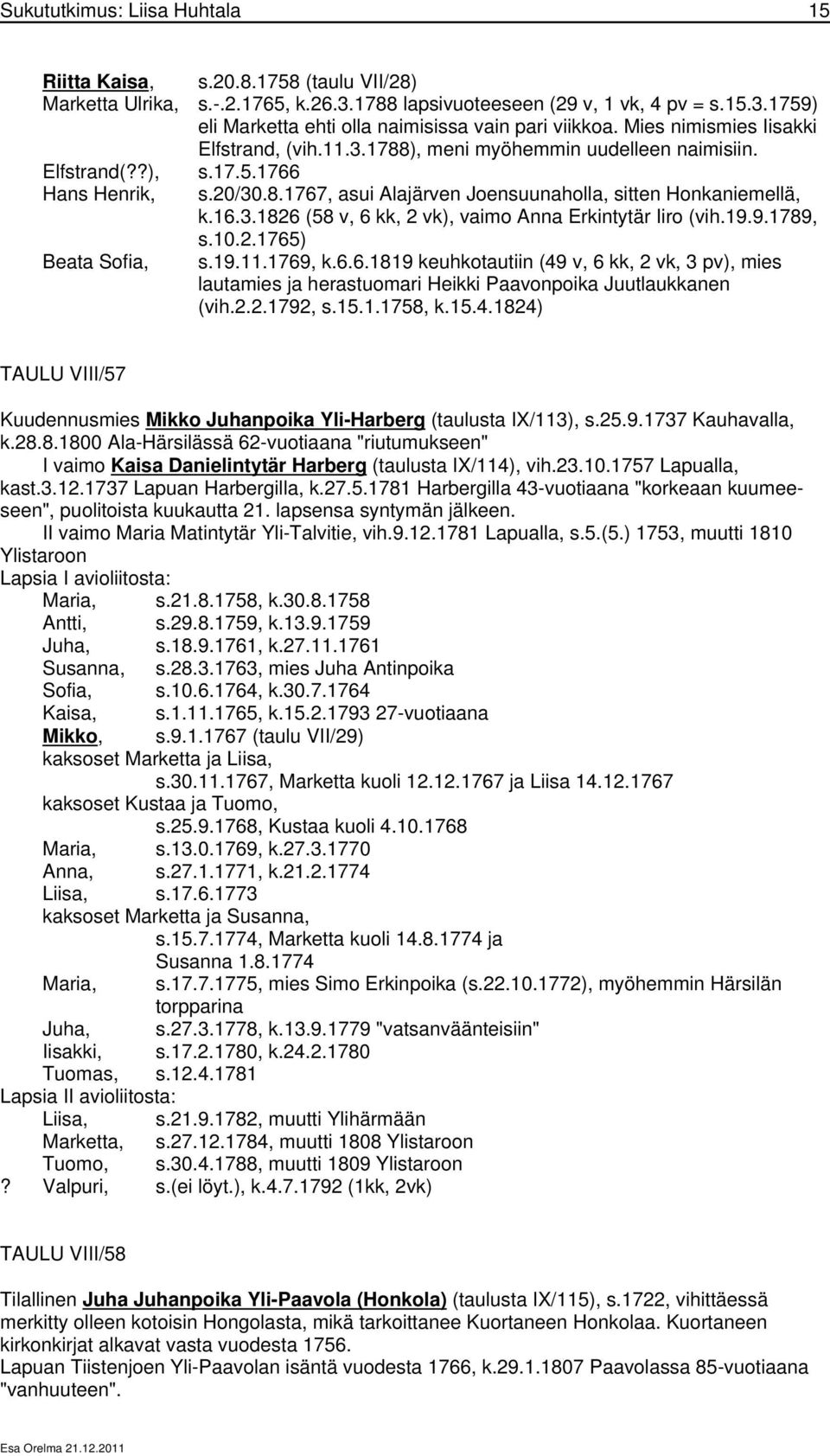 20/30.8.1767, asui Alajärven Joensuunaholla, sitten Honkaniemellä, k.16.3.1826 (58 v, 6 kk, 2 vk), vaimo Anna Erkintytär Iiro (vih.19.9.1789, s.10.2.1765) s.19.11.1769, k.6.6.1819 keuhkotautiin (49 v, 6 kk, 2 vk, 3 pv), mies lautamies ja herastuomari Heikki Paavonpoika Juutlaukkanen (vih.