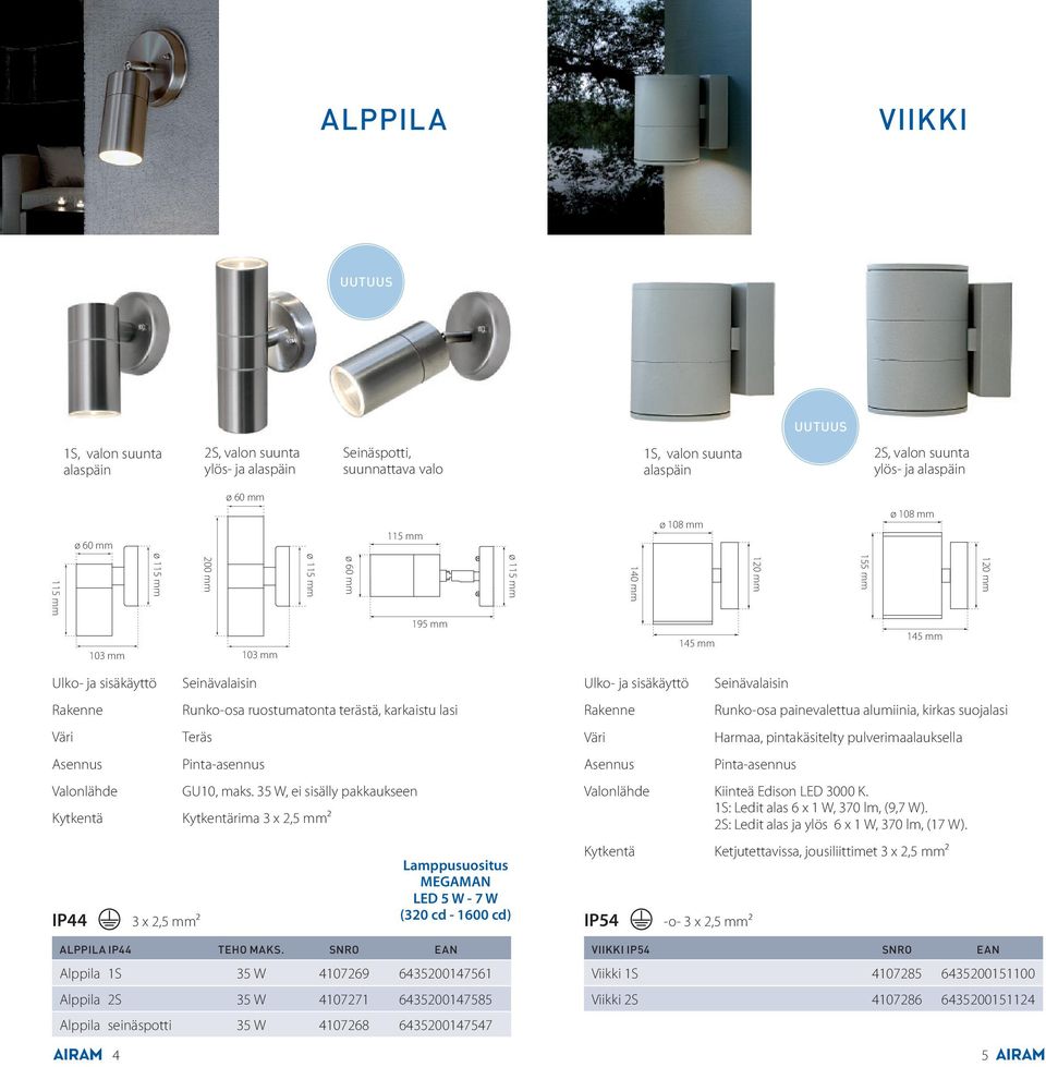 35 W, ei sisälly pakkaukseen rima 3 x 2,5 mm² LED 5 W - 7 W (320 cd - 1600 cd) ALPPILA TEHO MAKS.