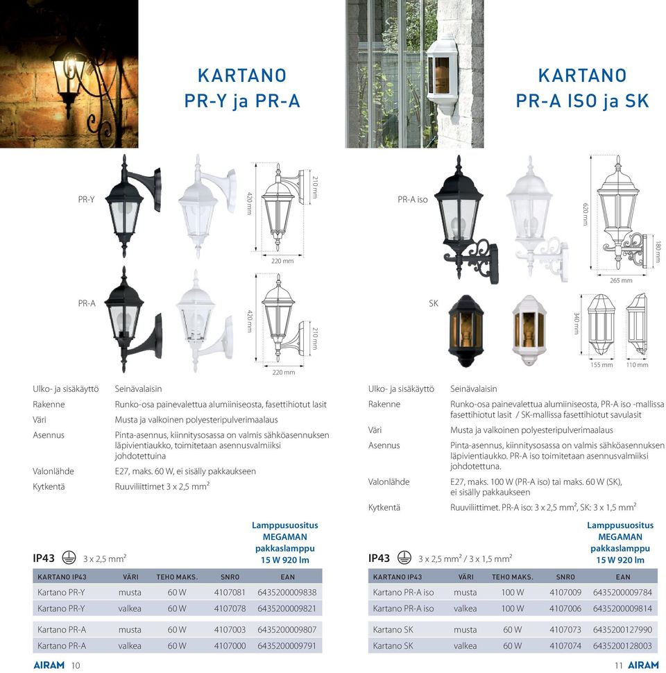 60 W, ei sisälly pakkaukseen Ruuviliittimet 3 x 2,5 mm² KARTANO IP43 VÄRI TEHO MAKS.