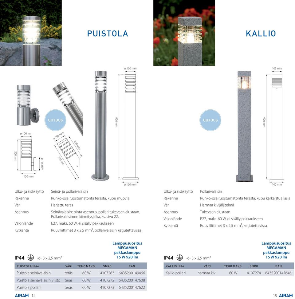 60 W, ei sisälly pakkaukseen Ruuviliittimet 3 x 2,5 mm², pollarivalaisin ketjutettavissa Tukevaan alustaan E27, maks.