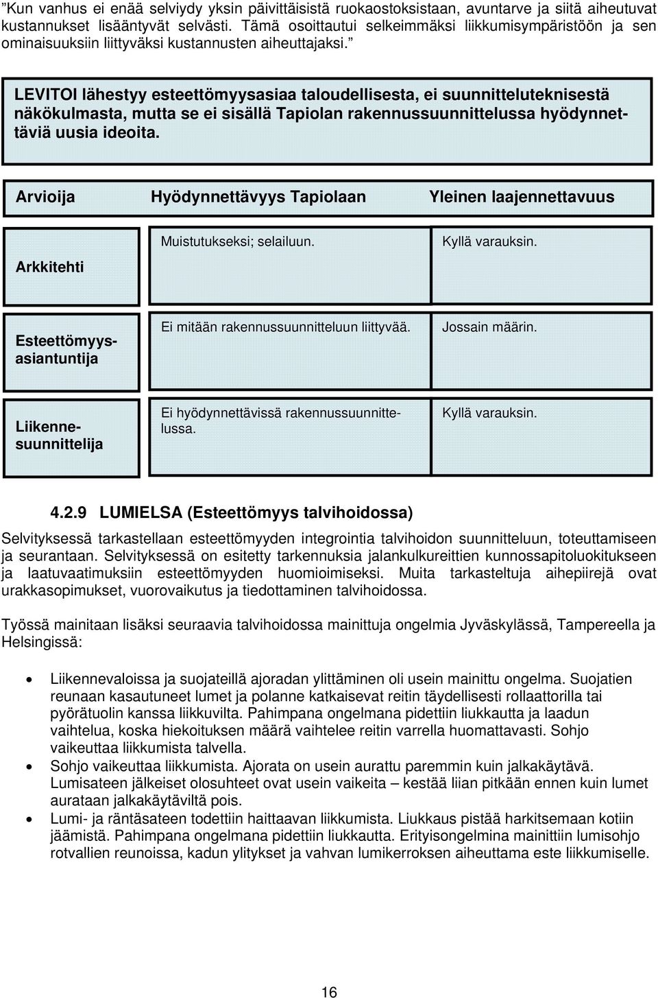 LEVITOI lähestyy esteettömyysasiaa taloudellisesta, ei suunnitteluteknisestä näkökulmasta, mutta se ei sisällä Tapiolan rakennussuunnittelussa hyödynnettäviä uusia ideoita.