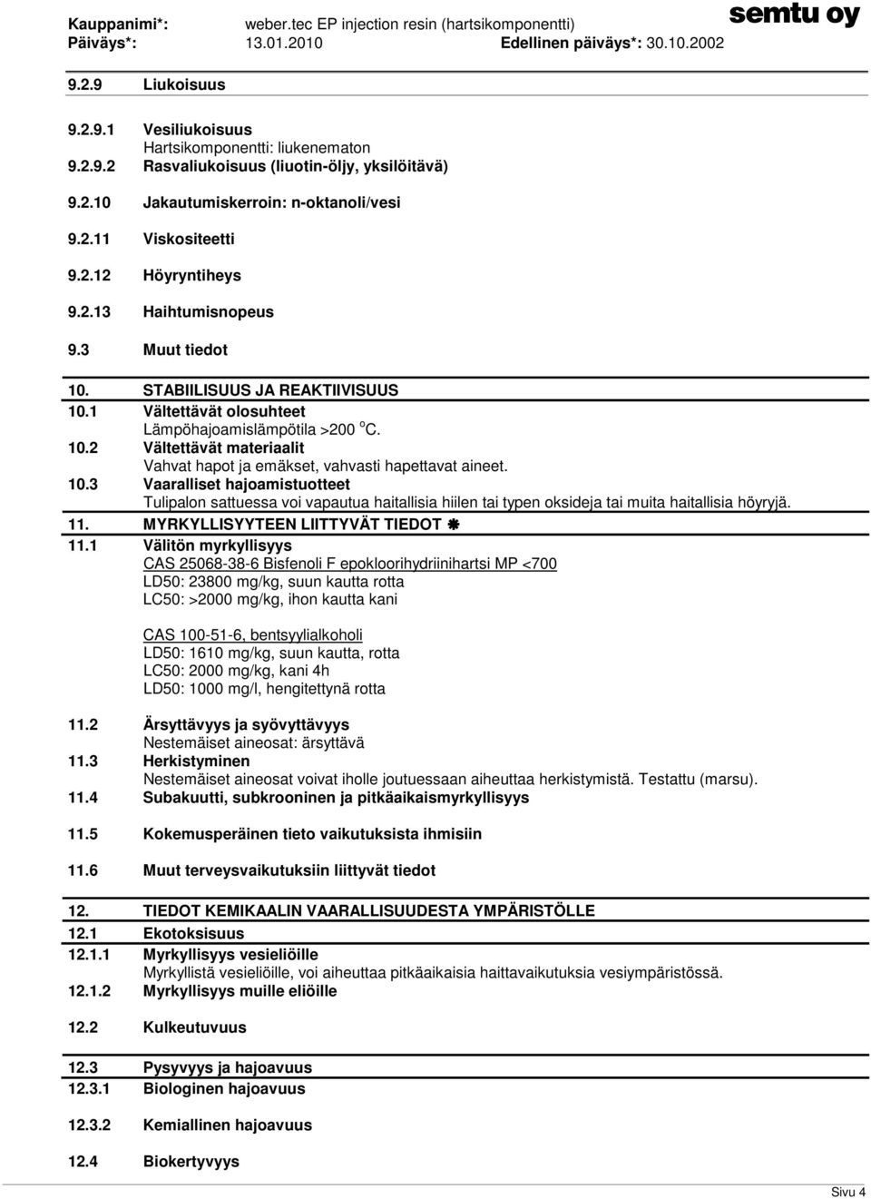 10.3 Vaaralliset hajoamistuotteet Tulipalon sattuessa voi vapautua haitallisia hiilen tai typen oksideja tai muita haitallisia höyryjä. 11. MYRKYLLISYYTEEN LIITTYVÄT TIEDOT 11.