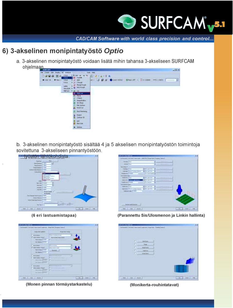 3-akselinen monipintatyöstö sisältää 4 ja 5 akselisen monipintatyöstön toimintoja sovitettuna 3-akseliseen