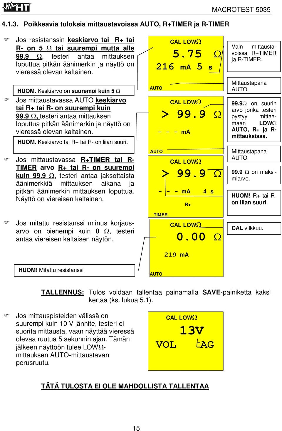 Keskiarvo on suurempi kuin 5 Ω Jos mittaustavassa AUTO keskiarvo tai R+ tai R- on suurempi kuin 99. Keskiarvo tai R+ tai R- on liian suuri.