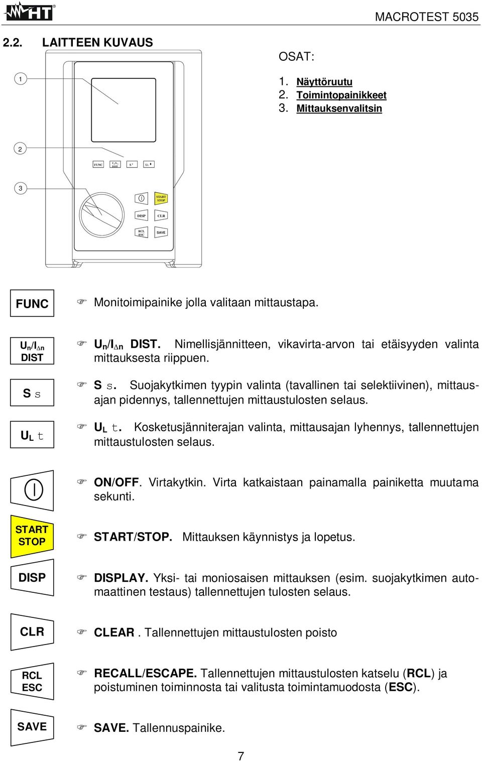 U L t. Kosketusjänniterajan valinta, mittausajan lyhennys, tallennettujen mittaustulosten selaus. ON/OFF. Virtakytkin. Virta katkaistaan painamalla painiketta muutama sekunti. START STOP START/STOP.