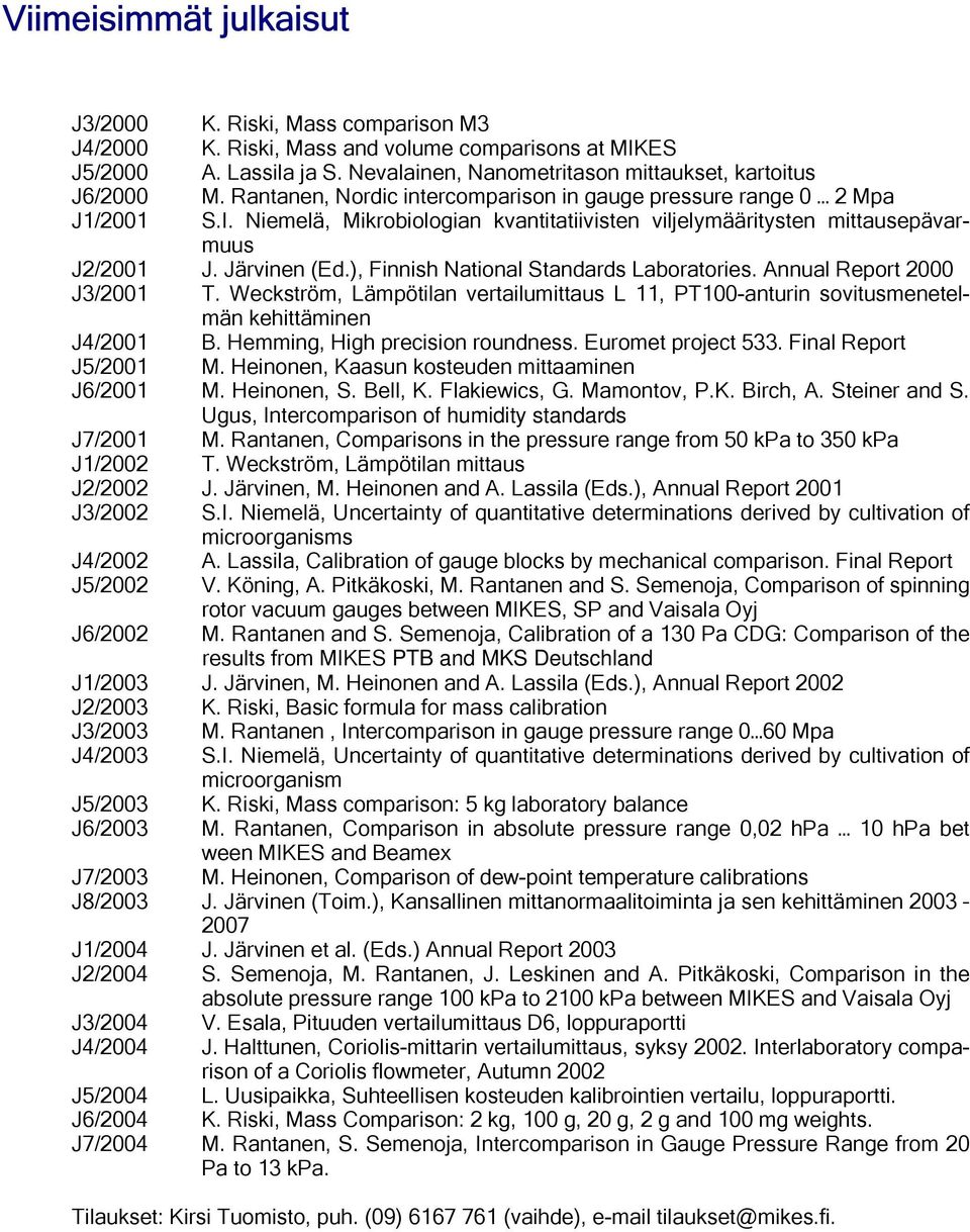 ), Finnish National Standards Laboratories. Annual Report 2000 J3/2001 T. Weckström, Lämpötilan vertailumittaus L 11, PT100-anturin sovitusmenetelmän kehittäminen J4/2001 B.