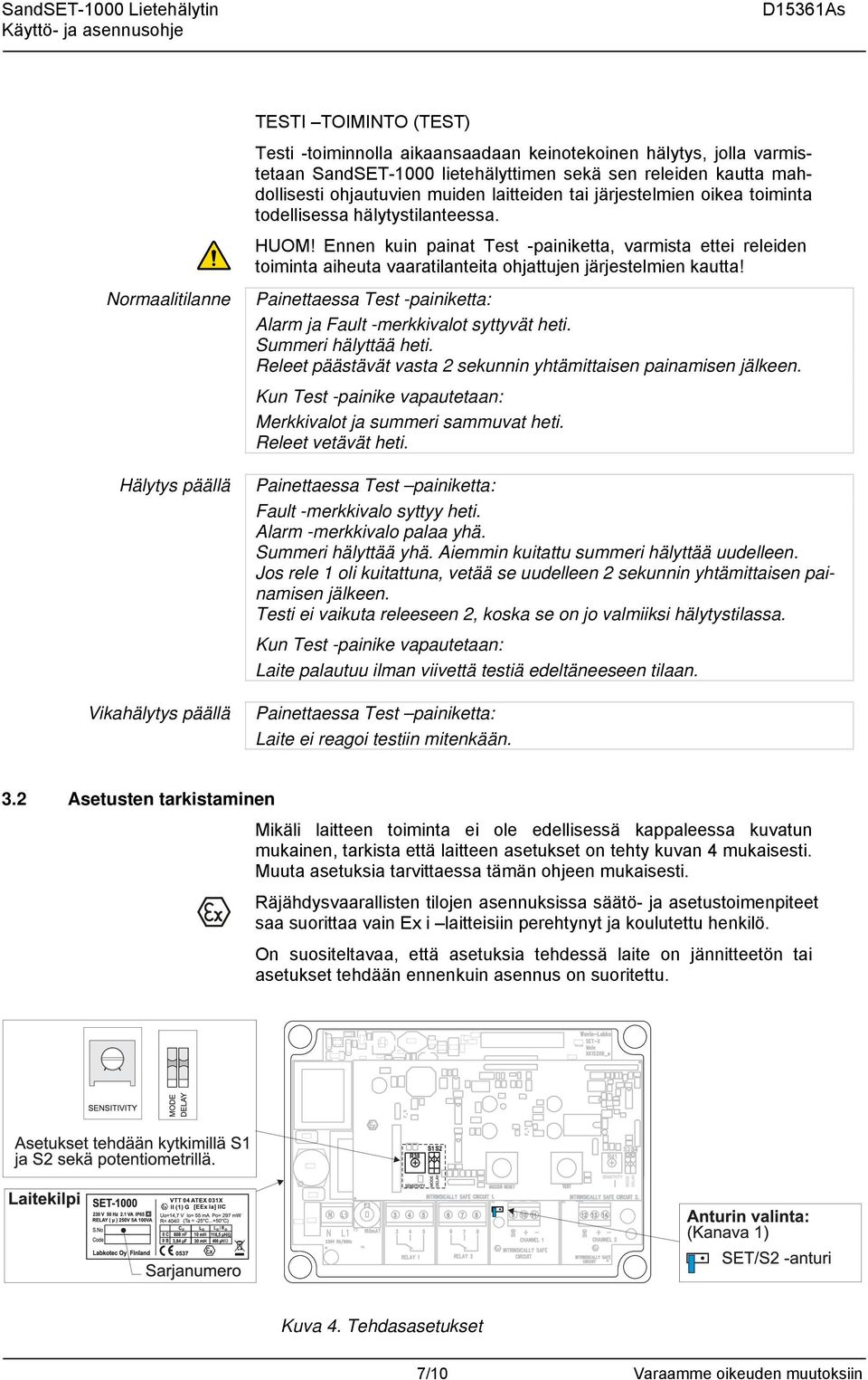 Ennen kuin painat Test -painiketta, varmista ettei releiden toiminta aiheuta vaaratilanteita ohjattujen järjestelmien kautta! Painettaessa Test -painiketta: Alarm ja Fault -merkkivalot syttyvät heti.