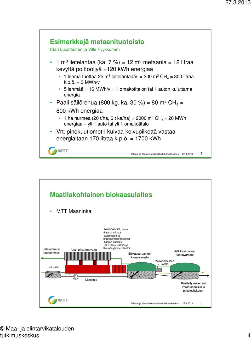 30 %) = 80 m 3 CH 4 = 800 kwh energiaa 1 ha nurmea (20 t/ha, 6 t ka/ha) = 2000 m 3 CH 4 = 20 MWh energiaa = yli 1 auto tai yli 1 omakotitalo Vrt.