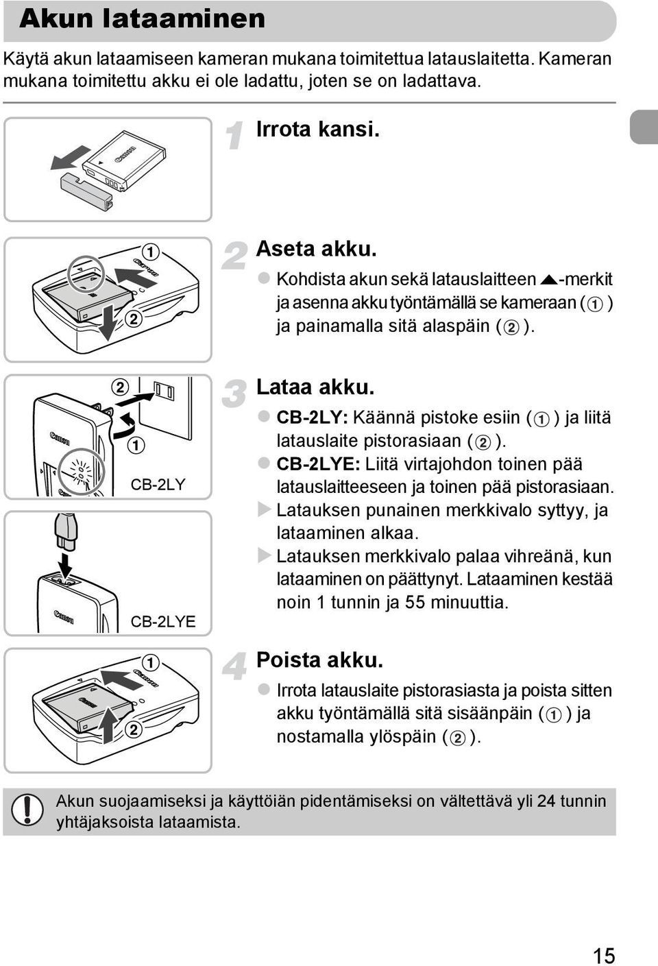 CB-2LY: Käännä pistoke esiin ( ) ja liitä latauslaite pistorasiaan ( ). CB-2LYE: Liitä virtajohdon toinen pää latauslaitteeseen ja toinen pää pistorasiaan.