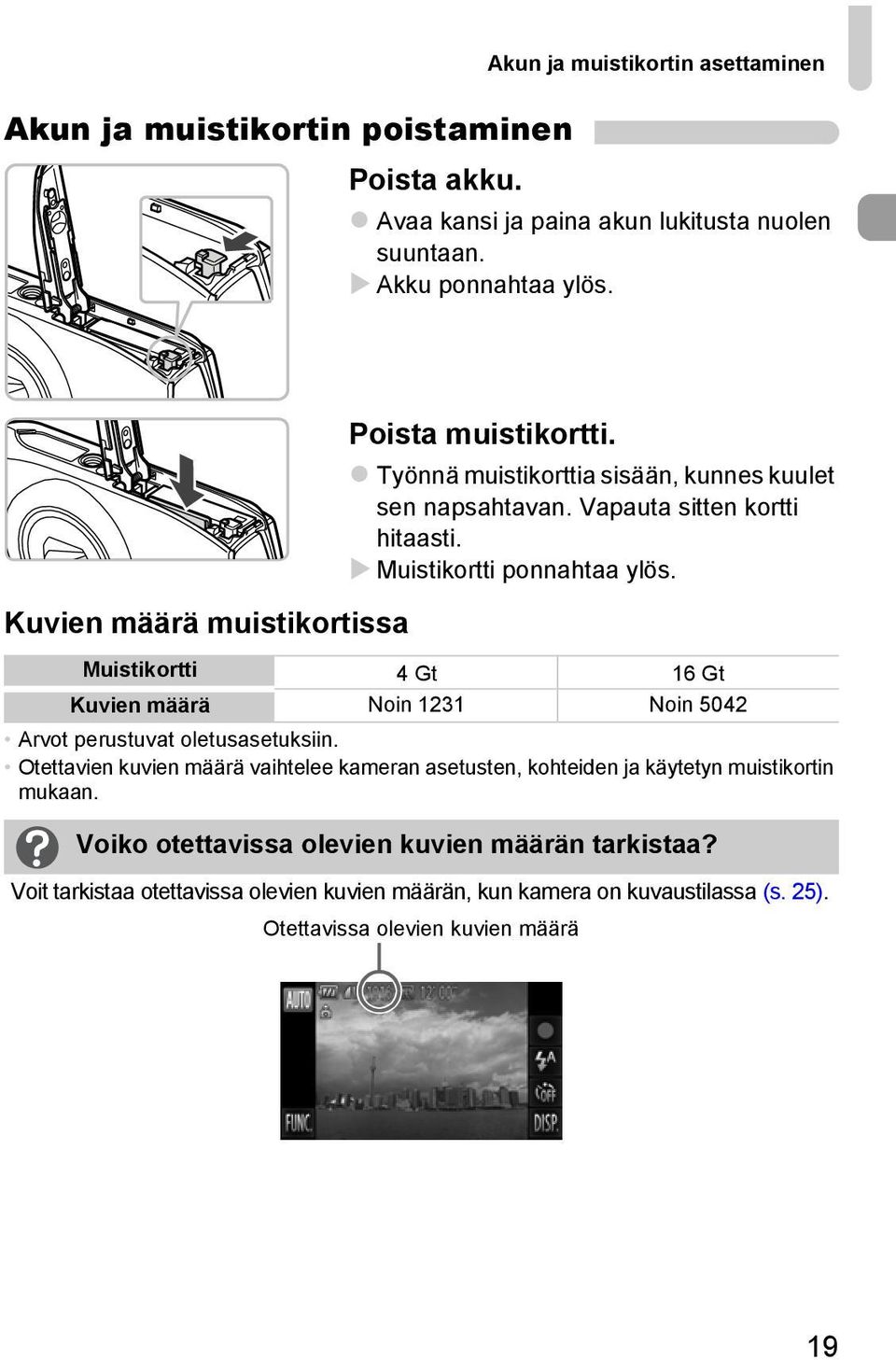 Muistikortti 4Gt 16Gt Kuvien määrä Noin 1231 Noin 5042 Arvot perustuvat oletusasetuksiin.