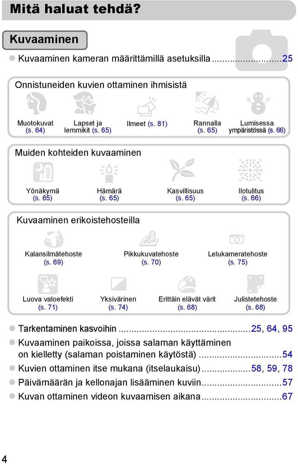 66) Kalansilmätehoste (s. 69) Pikkukuvatehoste (s. 70) Lelukameratehoste (s. 75) Luova valoefekti (s. 71) Yksivärinen (s. 74) Erittäin elävät värit (s. 68) Julistetehoste (s.