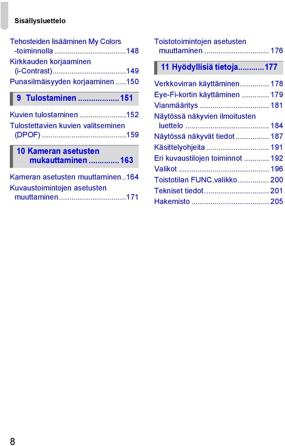 ..171 Toistotoimintojen asetusten muuttaminen... 176 11 Hyödyllisiä tietoja...177 Verkkovirran käyttäminen... 178 Eye-Fi-kortin käyttäminen... 179 Vianmääritys.