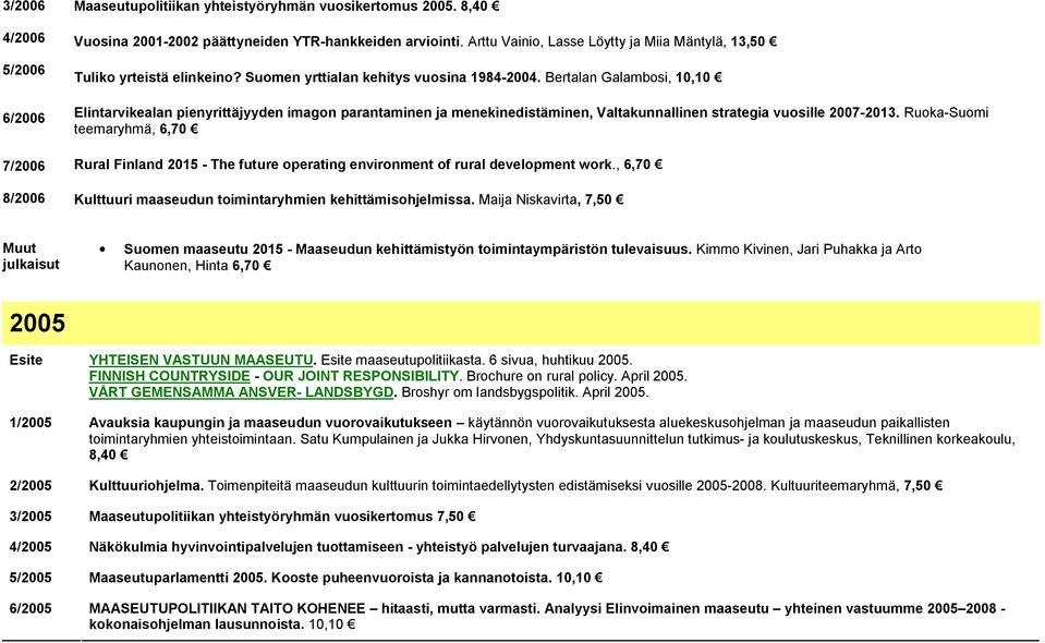 Bertalan Galambosi, 10,10 Elintarvikealan pienyrittäjyyden imagon parantaminen ja menekinedistäminen, Valtakunnallinen strategia vuosille 2007-2013.