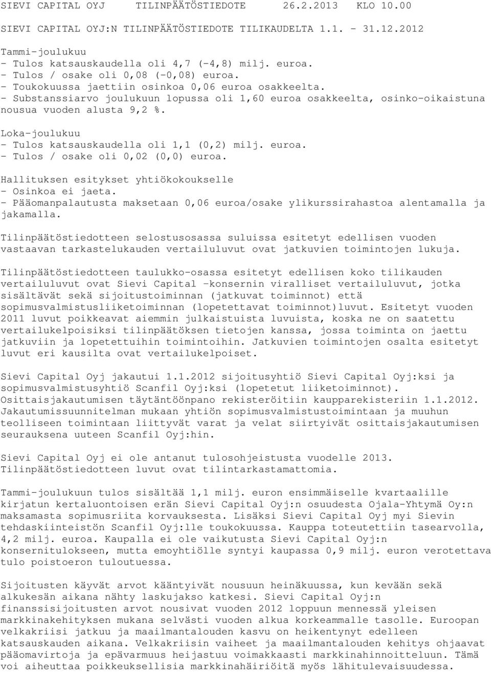 - Substanssiarvo joulukuun lopussa oli 1,60 euroa osakkeelta, osinko-oikaistuna nousua vuoden alusta 9,2 %. Loka-joulukuu - Tulos katsauskaudella oli 1,1 (0,2). - Tulos / osake oli 0,02 (0,0) euroa.