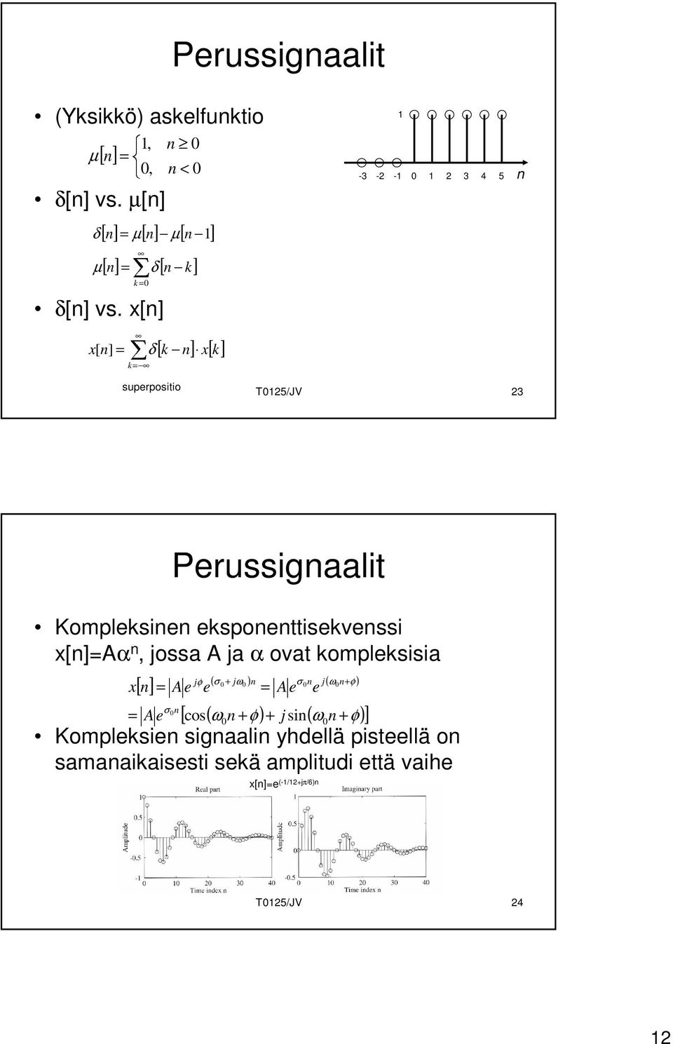 x[n] x[ n] = k= δ [ k n] x[ k] superpositio T0125/JV 23 Perussignaalit Kompleksinen eksponenttisekvenssi x[n]=aα n, jossa A ja α