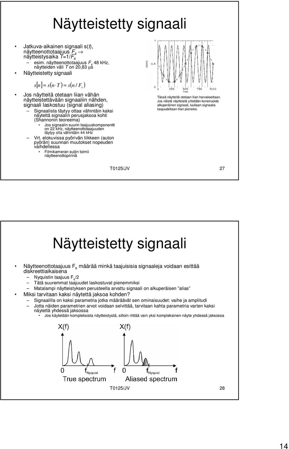 laskostuu (signal aliasing) Signaalista täytyy ottaa vähintäin kaksi näytettä signaalin perusjaksoa kohti (Shannonin teoreema) Jos signaalin suurin taajuuskomponentti on 22 khz, näytteenottotaajuuden