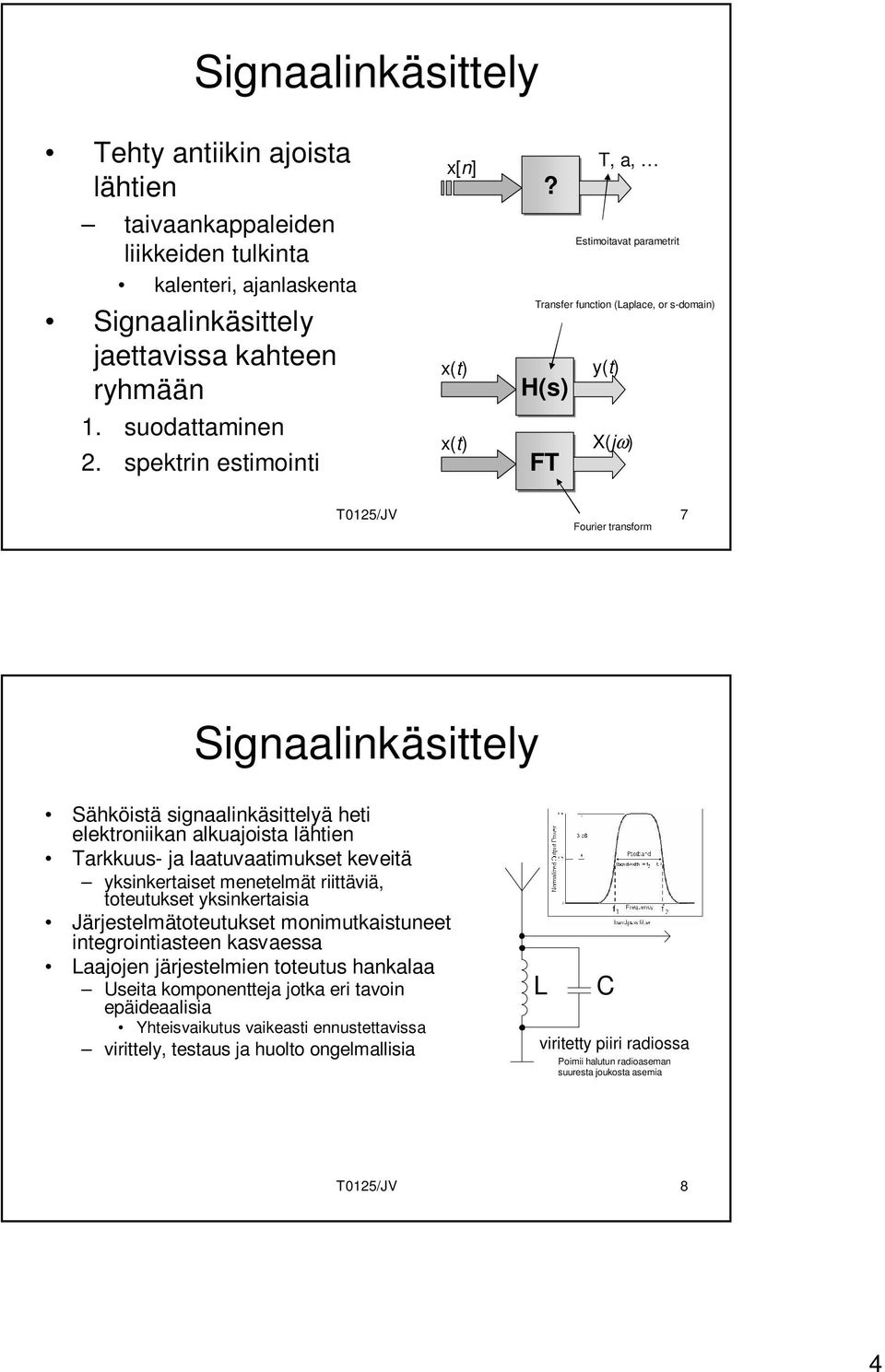 H(s) FT T, a, Estimoitavat parametrit Transfer function (Laplace, or s-domain) y(t) X(jω) T0125/JV 7 Fourier transform Signaalinkäsittely Sähköistä signaalinkäsittelyä heti elektroniikan alkuajoista