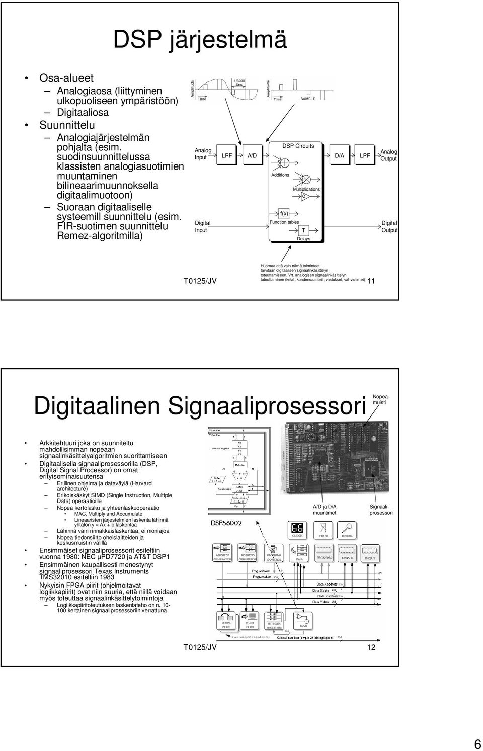 FIR-suotimen suunnittelu Remez-algoritmilla) Analog Input Digital Input DSP Circuits LPF A/D D/A LPF Additions Multiplications c f(x) Function tables T Delays Analog Output Digital Output Huomaa että