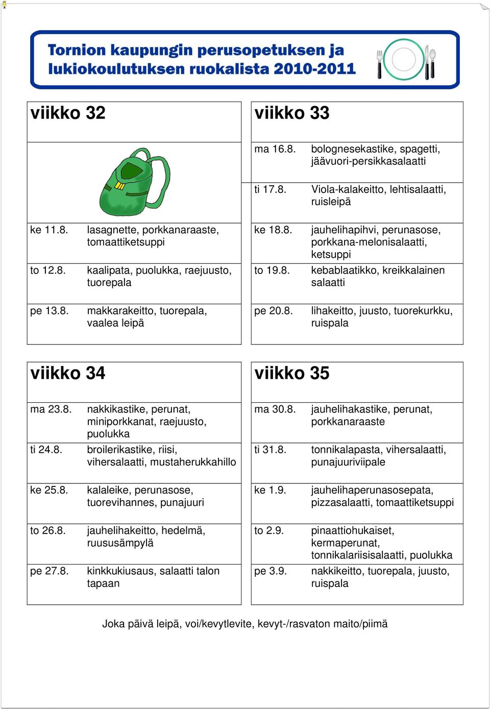 8. jauhelihakastike, perunat, ti 24.8. broilerikastike, riisi, vihersalaatti, mustaherukkahillo ti 31.8. ke 25.8. kalaleike, perunasose, tuorevihannes, punajuuri ke 1.