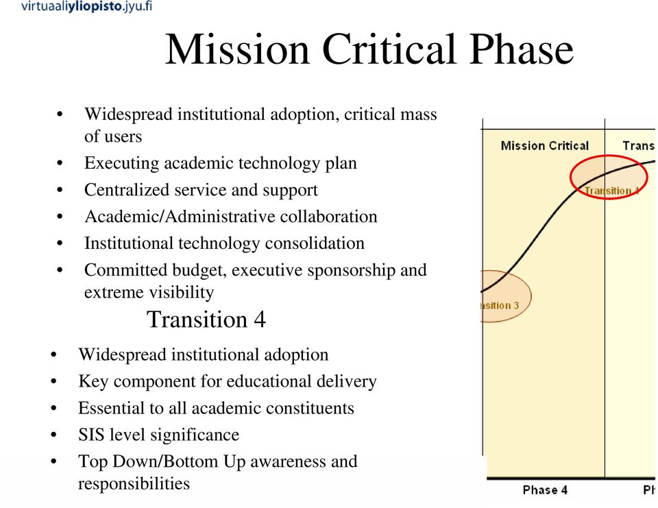 budget, executive sponsorship and extreme visibility Transition 4 Widespread institutional adoption Key component for