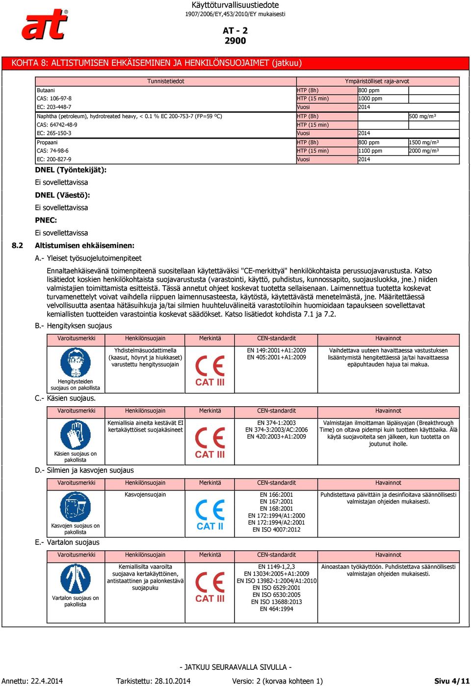 - Hengityksen suojaus HTP (8h) HTP (15 min) Vuosi HTP (8h) HTP (15 min) Vuosi HTP (8h) HTP (15 min) Vuosi Ympäristölliset raja-arvot 800 ppm 1000 ppm 2014 2014 800 ppm 1100 ppm 2014 500 mg/m³ 1500