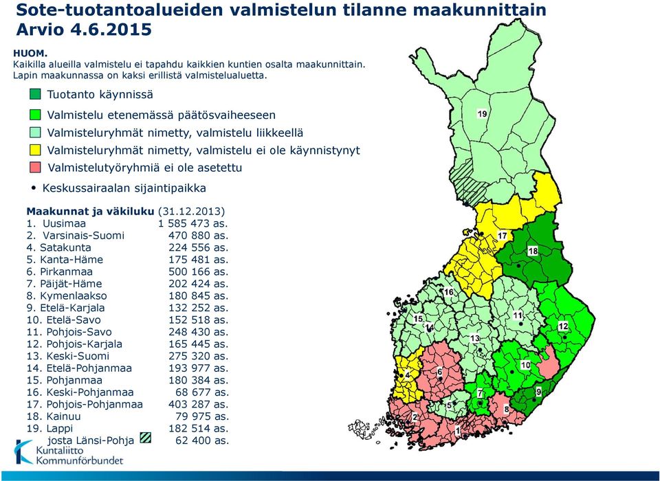 Tuotanto käynnissä Valmistelu etenemässä päätösvaiheeseen Valmisteluryhmät nimetty, valmistelu liikkeellä Valmisteluryhmät nimetty, valmistelu ei ole käynnistynyt Valmistelutyöryhmiä ei ole asetettu