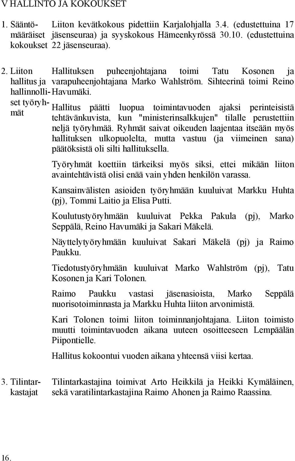 Sihteerinä toimi Reino Havumäki. Hallitus päätti luopua toimintavuoden ajaksi perinteisistä tehtävänkuvista, kun "ministerinsalkkujen" tilalle perustettiin neljä työryhmää.