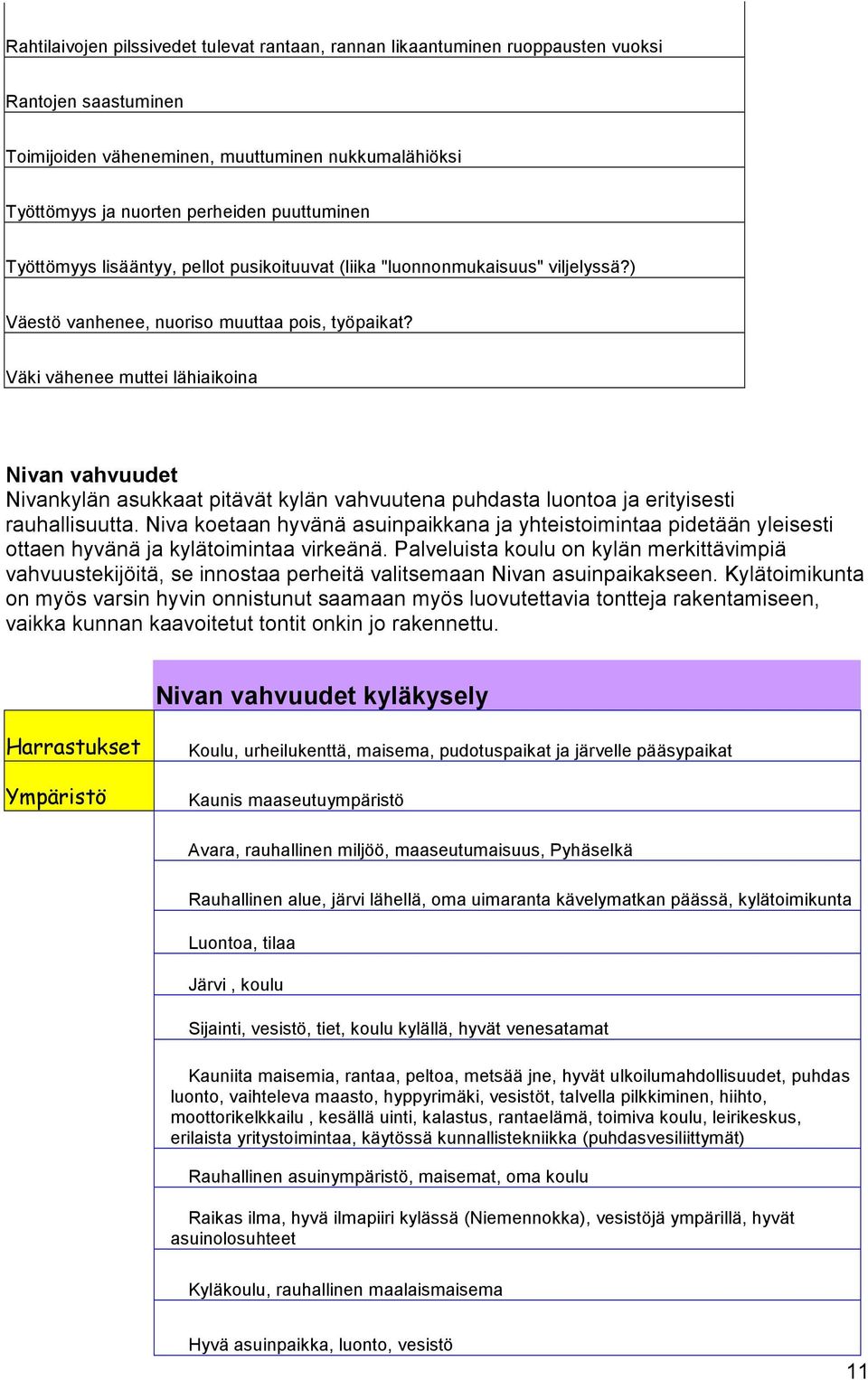 Väki vähenee muttei lähiaikoina Nivan vahvuudet Nivankylän asukkaat pitävät kylän vahvuutena puhdasta luontoa ja erityisesti rauhallisuutta.