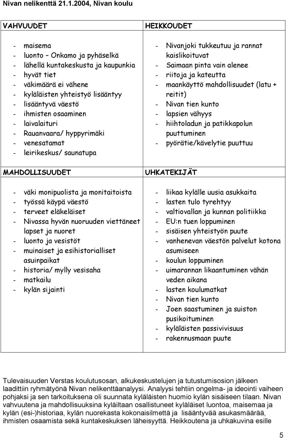 ihmisten osaaminen - laivalaituri - Rauanvaara/ hyppyrimäki - venesatamat - leirikeskus/ saunatupa HEIKKOUDET - Nivanjoki tukkeutuu ja rannat kaislikoituvat - Saimaan pinta vain alenee - riitoja ja